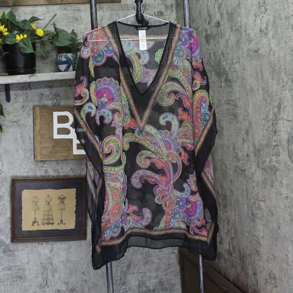 NWT Lauren Ralph Lauren Parder Poncho Swim Cover Up Bordado Paisley Black S/M - Picture 5 of 8